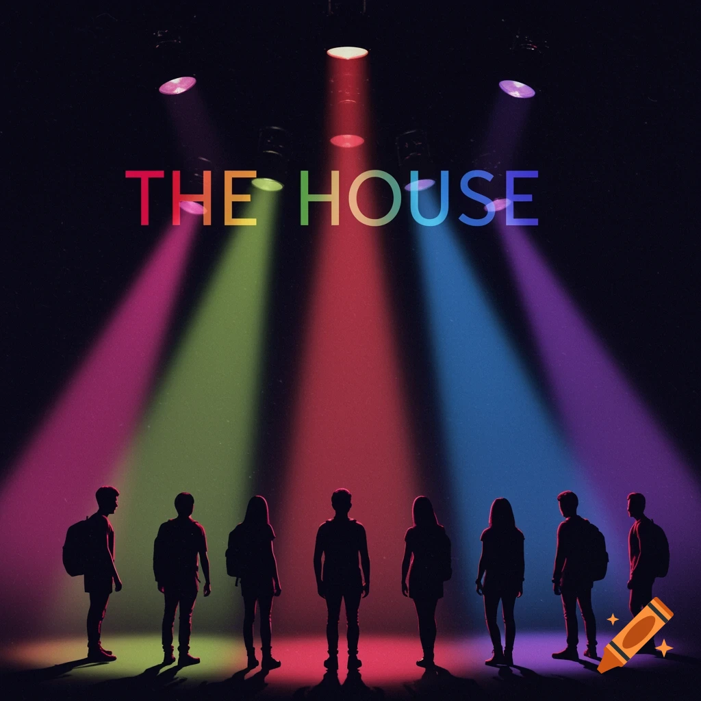 Silhouettes of people stand under multi-colored spotlights with rainbow text "THE HOUSE" above.