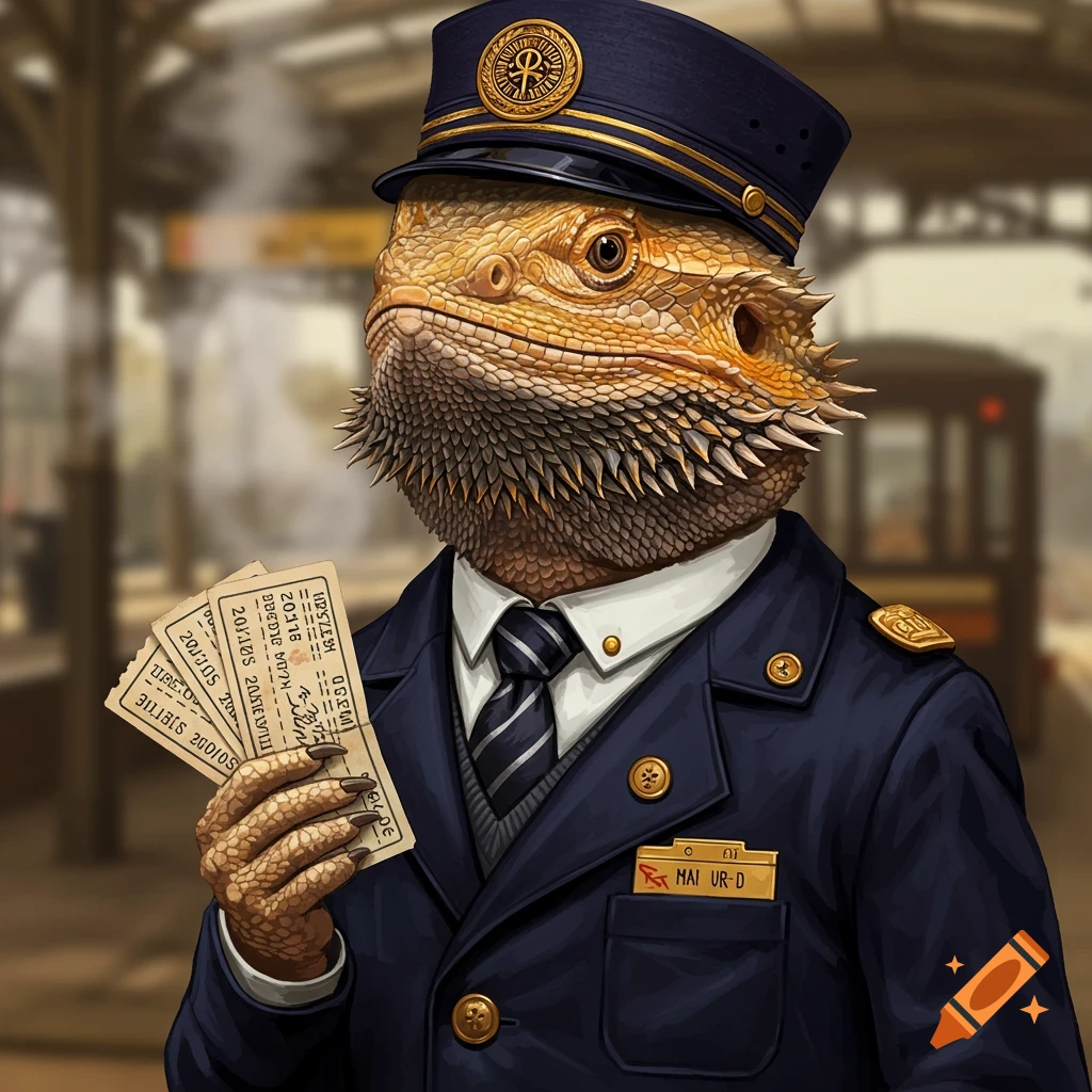 A bearded dragon dressed as a train conductor, holding tickets.