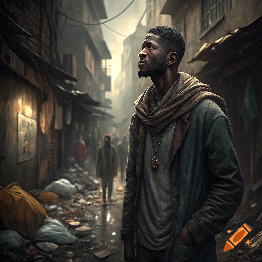 A man stands looking up in a gritty urban slum street.