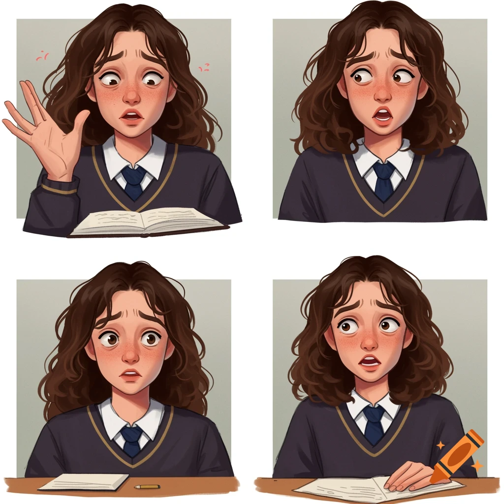 Four panels show a brown-haired student in uniform with varying nervous expressions while holding a book or sitting at a desk.