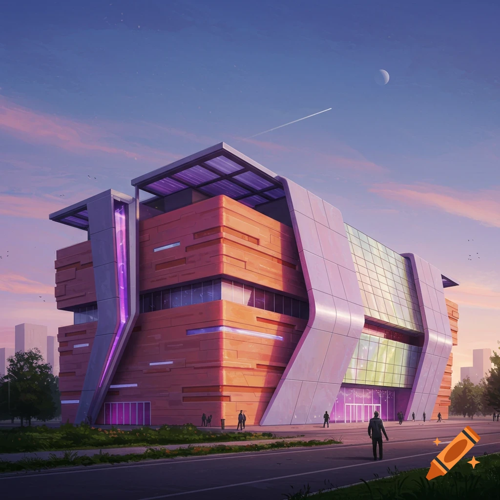 A futuristic, multi-story building with orange panels and glass windows under a colorful sunset sky. People walk on the sidewalk.