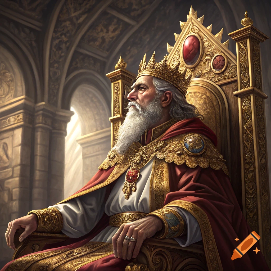 An old king with a white beard sits on an ornate gold throne in a grand hall, wearing a red and gold crown and robes.