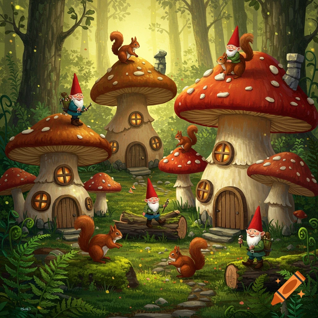 Gnomes and squirrels among mushroom houses in a forest.