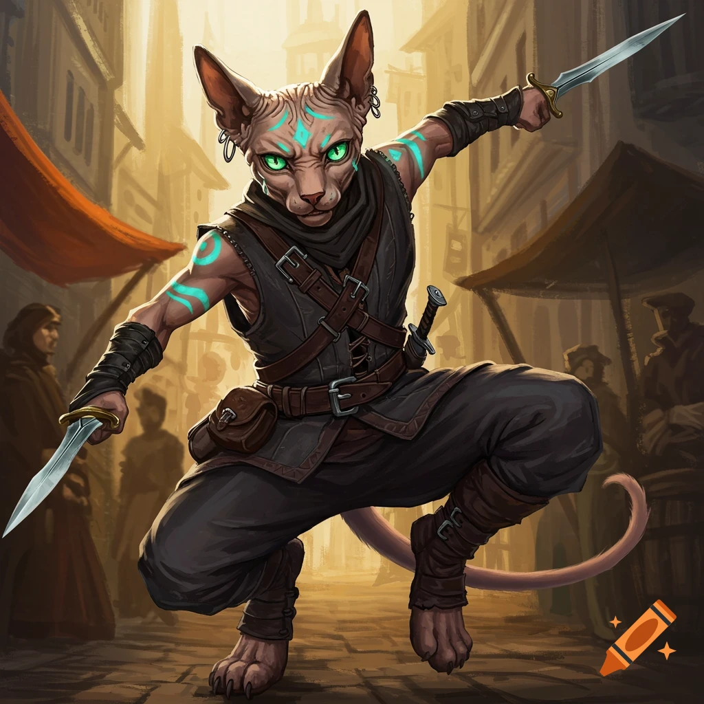A hairless cat rogue stands on a fantasy city street, holding daggers.