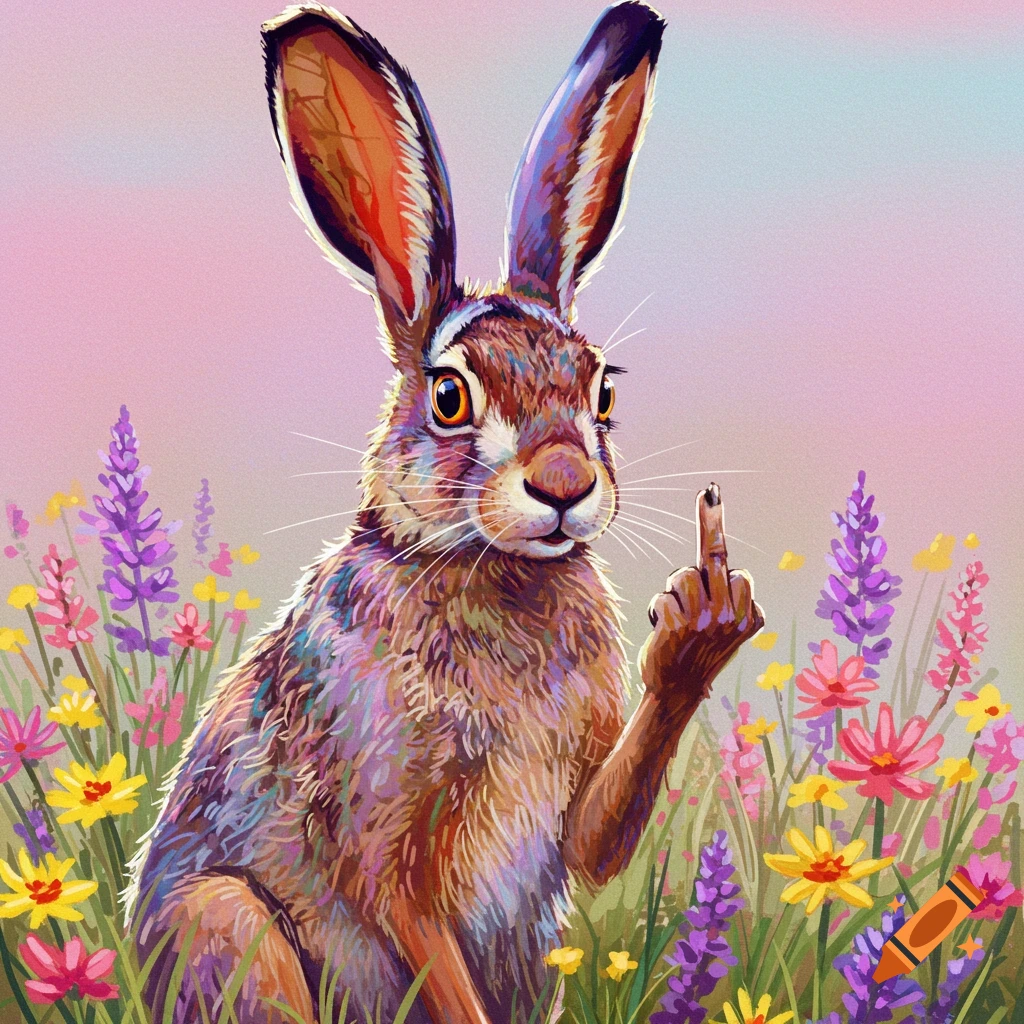 A vibrant image of a jackrabbit giving the middle finger in a field of wildflowers.