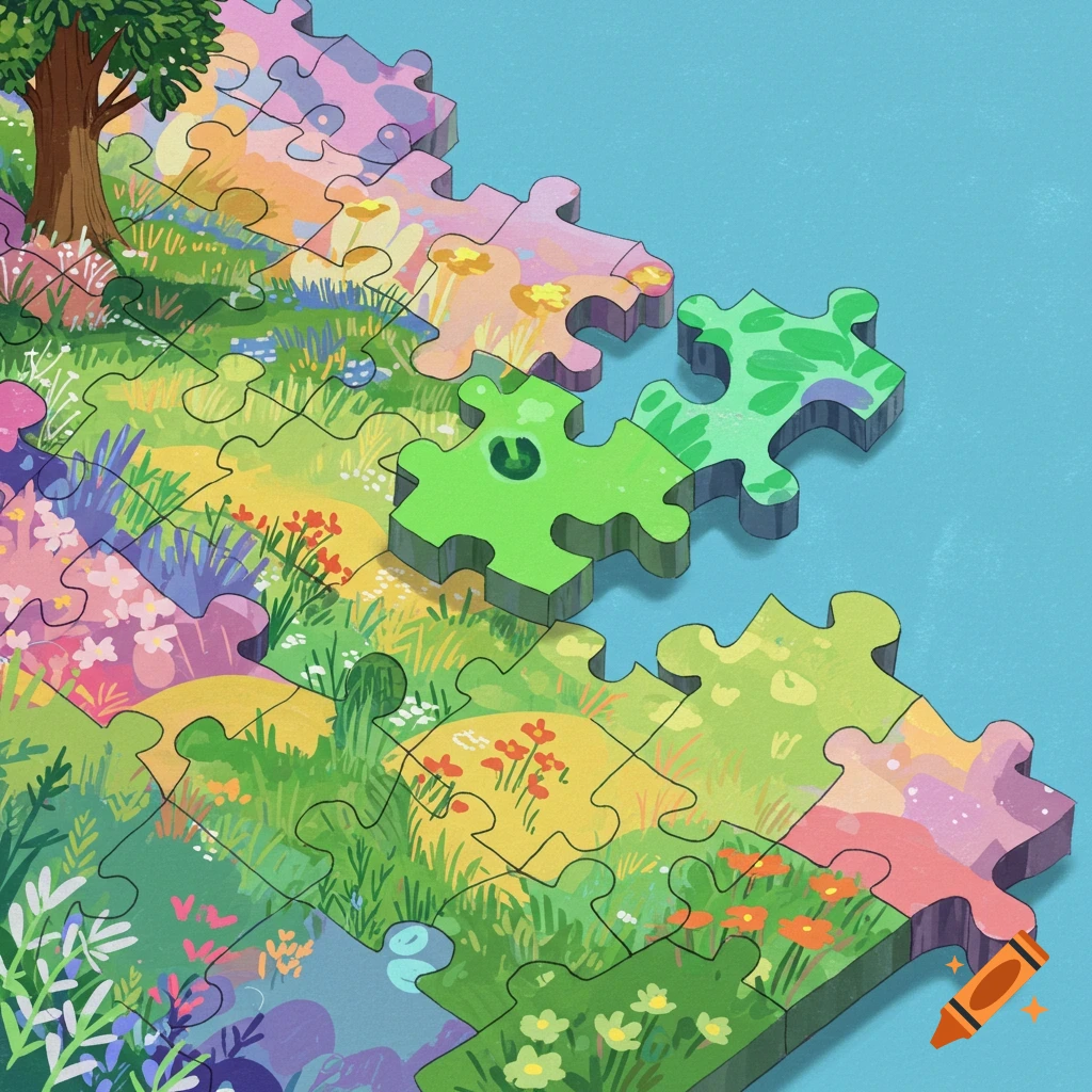 A colorful landscape composed of puzzle pieces with one piece being placed.