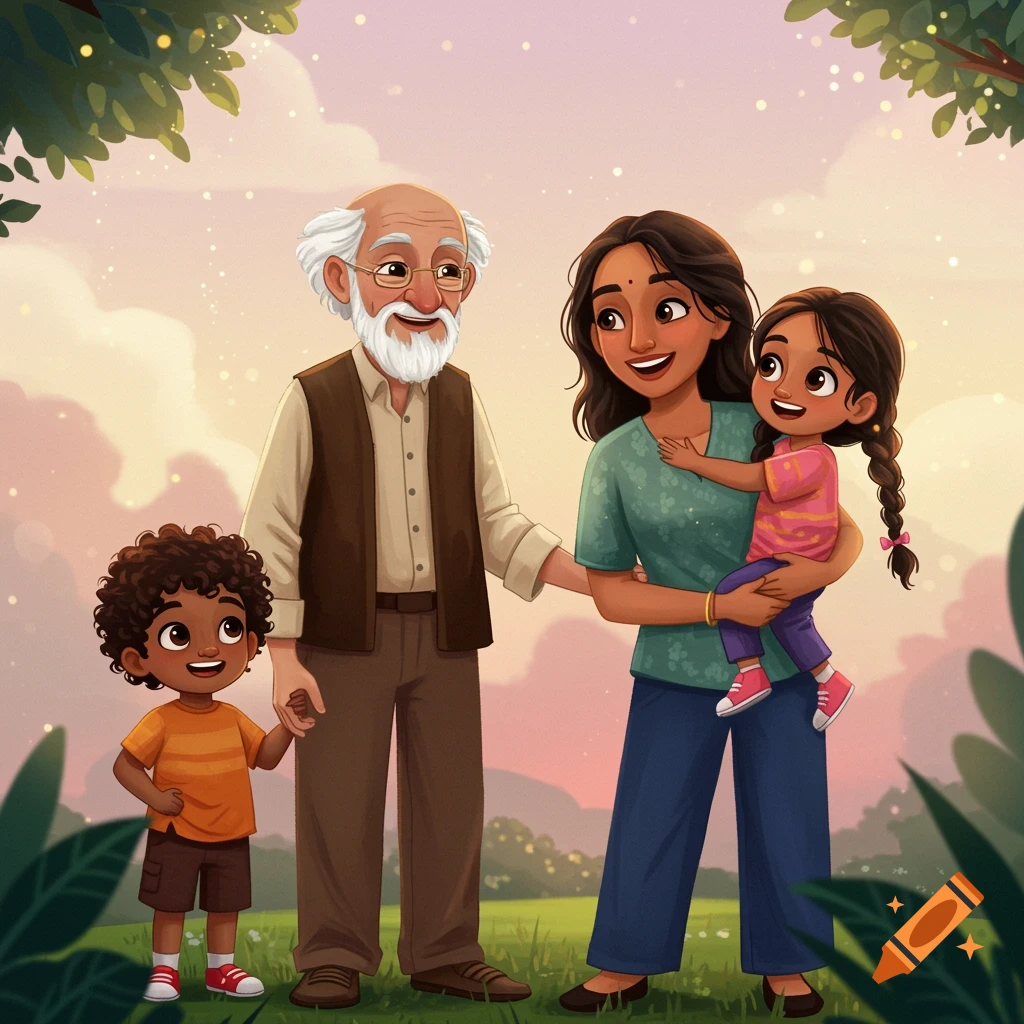 A multi-generational family (grandpa, mother, boy, girl) smiling in a park.