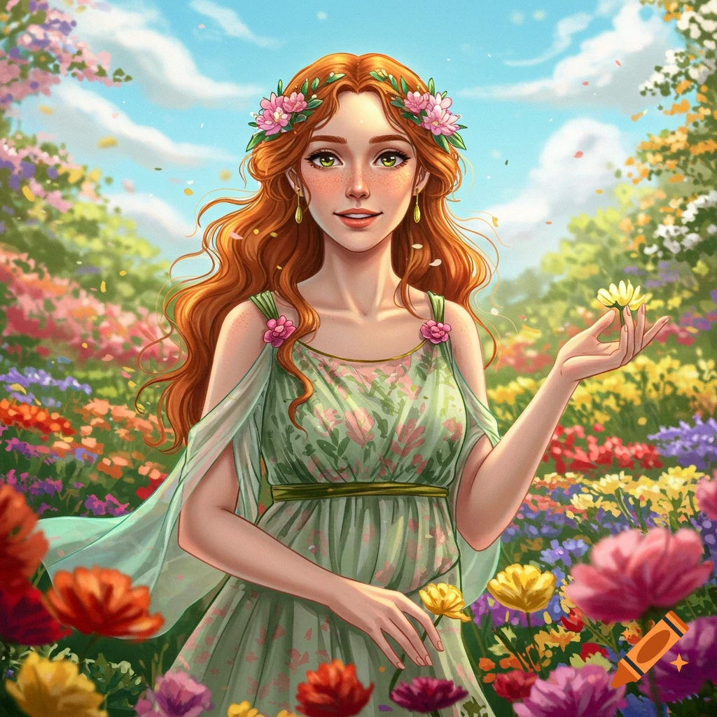 A woman with red hair wears a flower crown in a lush, colorful garden.