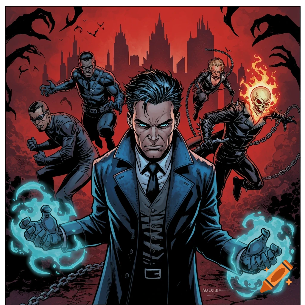 Comic art of a man with glowing blue hands in a dark coat, surrounded by Ghost Rider and other figures against a red city skyline.