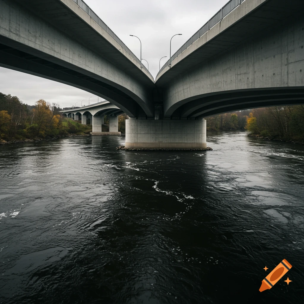 Concrete bridges cross a dark river with trees under a cloudy sky.