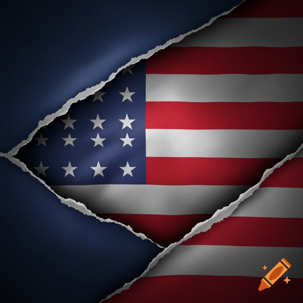 A torn dark blue surface reveals a United States flag underneath.