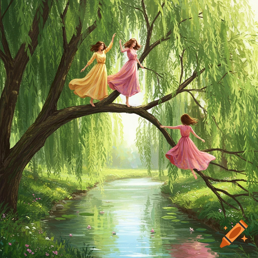 Women in flowing dresses balancing on a willow tree branch over a brook.