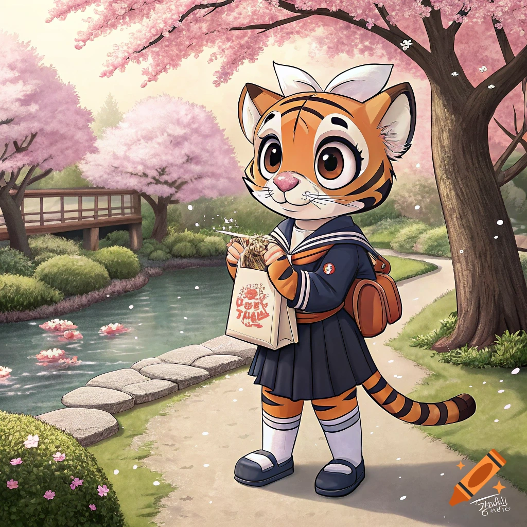 A cartoon tiger character in a sailor school uniform stands in a cherry blossom park holding a bag.
