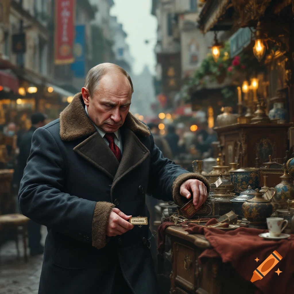 Image of a man resembling Putin examining items at an antique market.