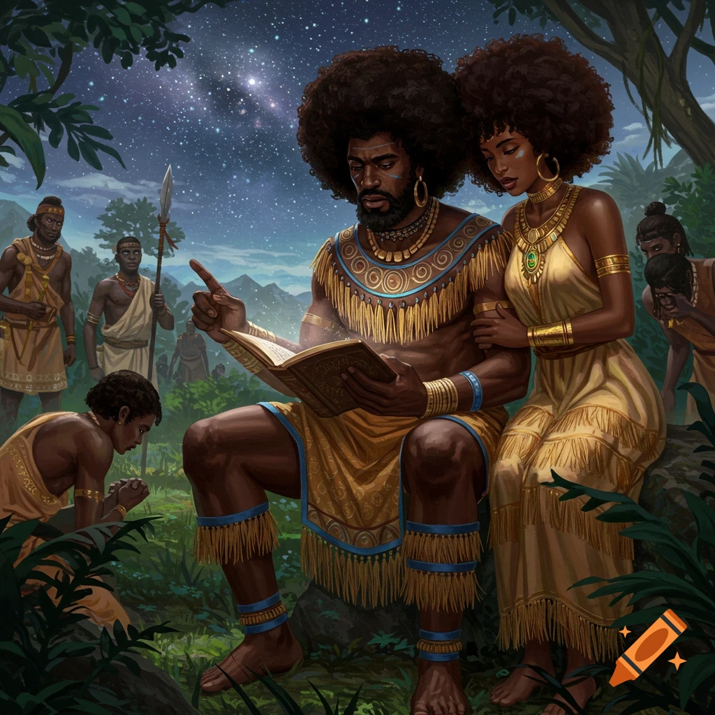 An African king and queen reading under a starry sky, surrounded by people.