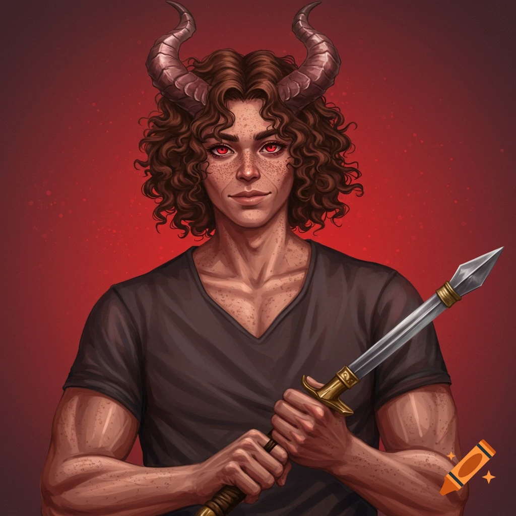 A fantasy character with horns, red eyes, and curly hair, holding a sword.
