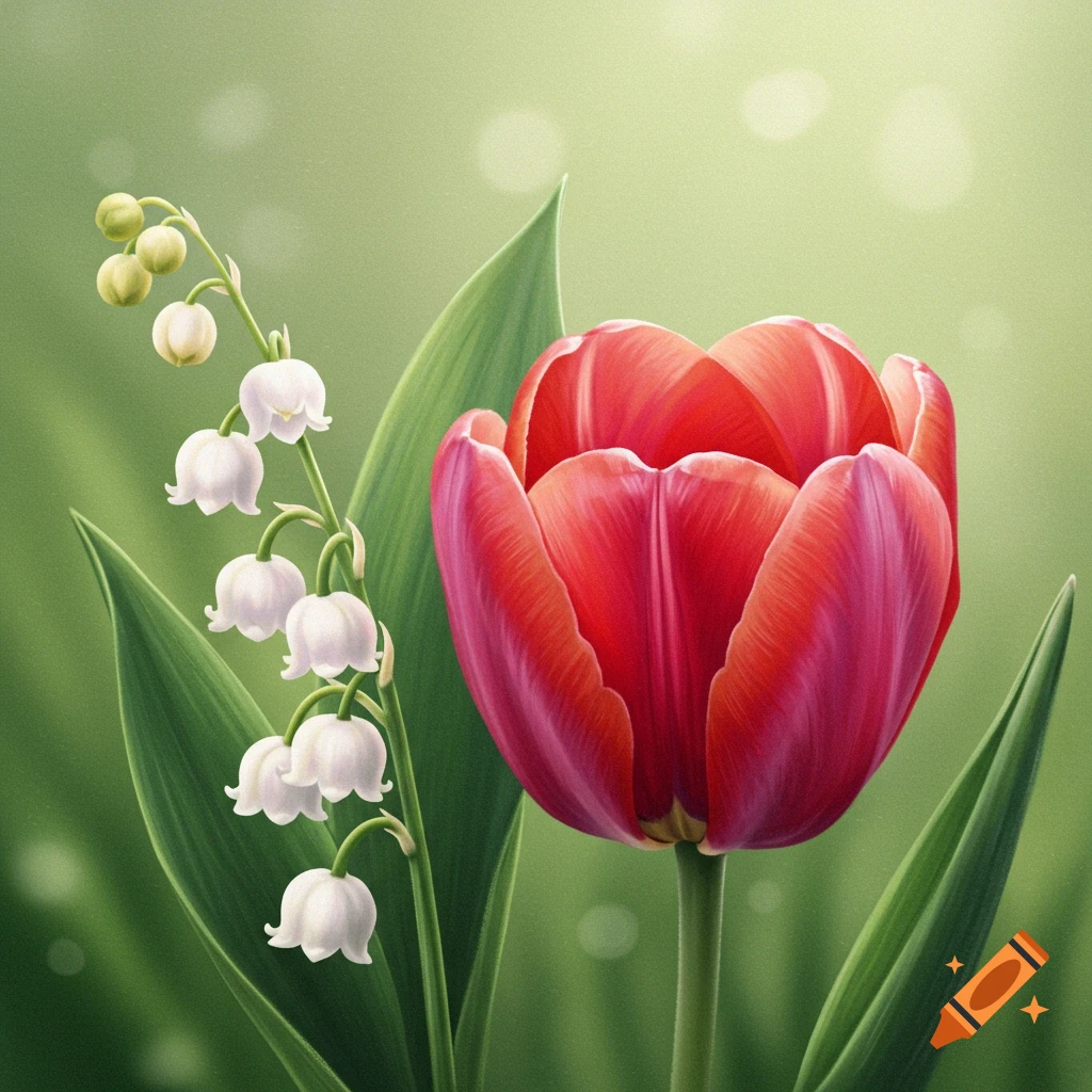 A lily of the valley next to a red tulip