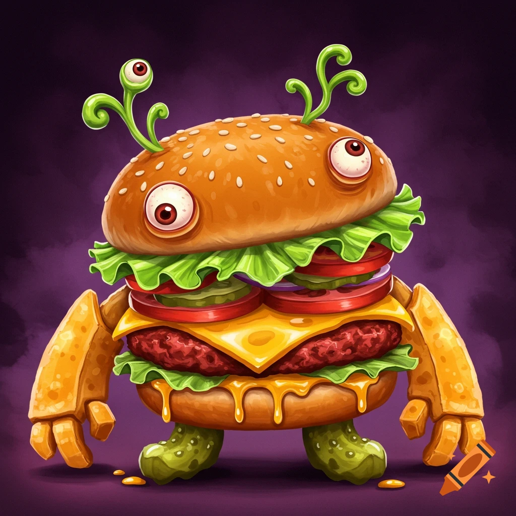 A cartoon cheeseburger monster with eyes, arms, and legs.