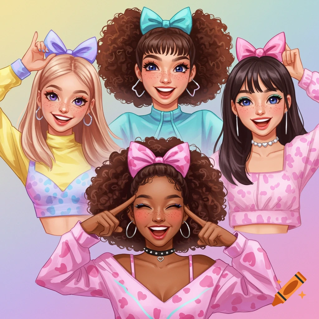 Digital illustration of four stylized young women with bows smiling