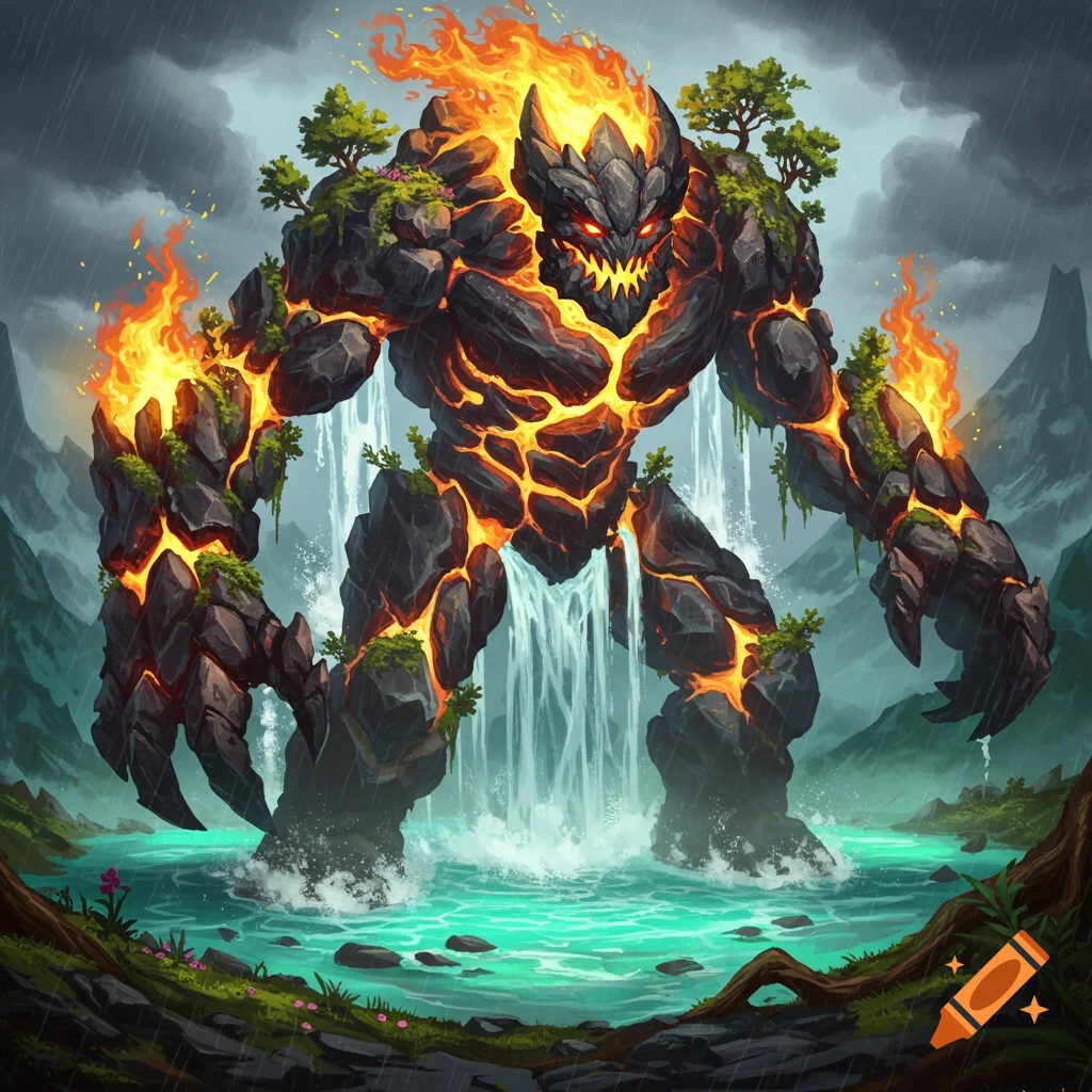 A large rock and fire monster standing in a river with waterfalls in a fantasy landscape.
