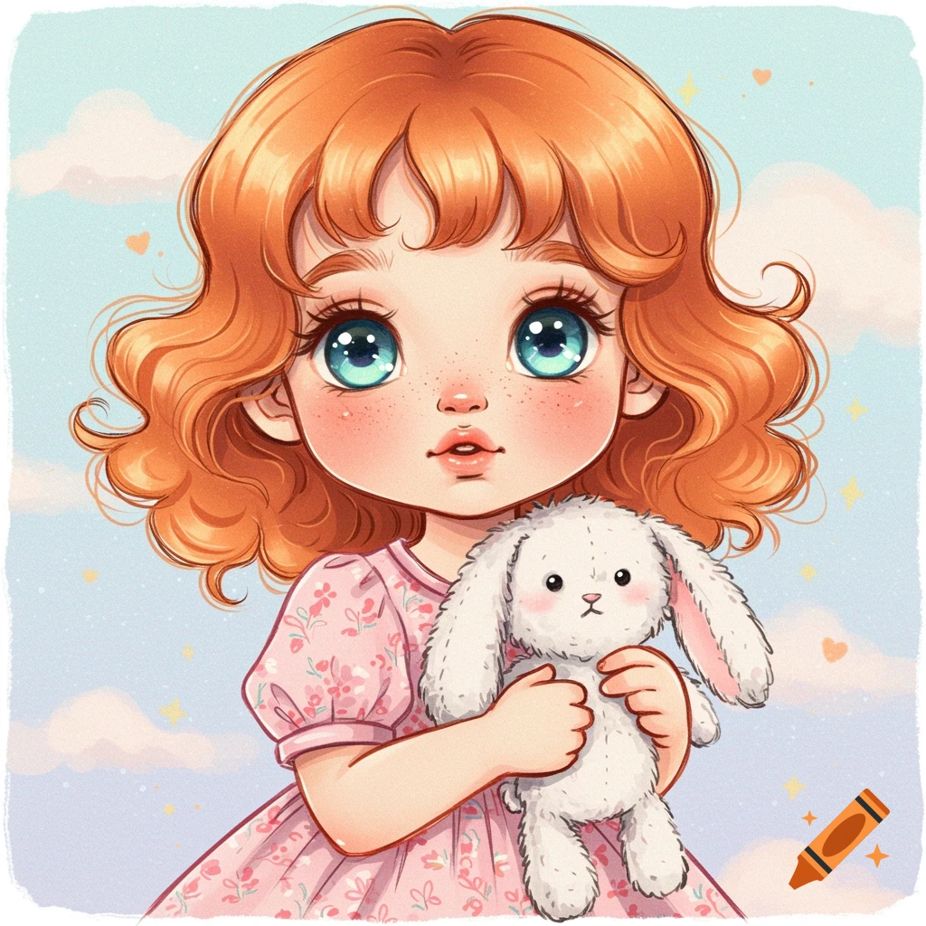 Cute girl with red hair holding a white bunny, children's book ...