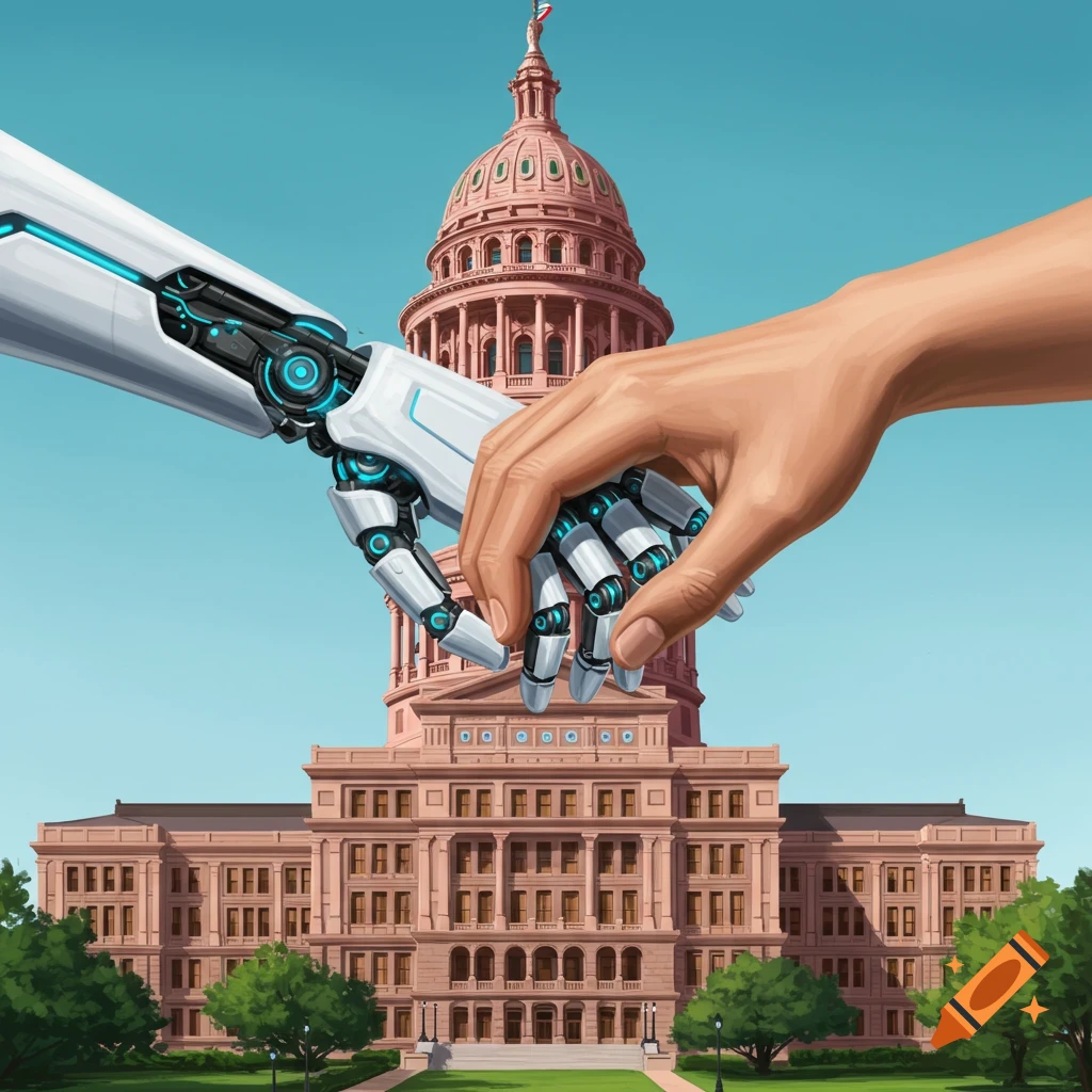 A robot hand shaking a human hand in front of the Texas State Capitol.