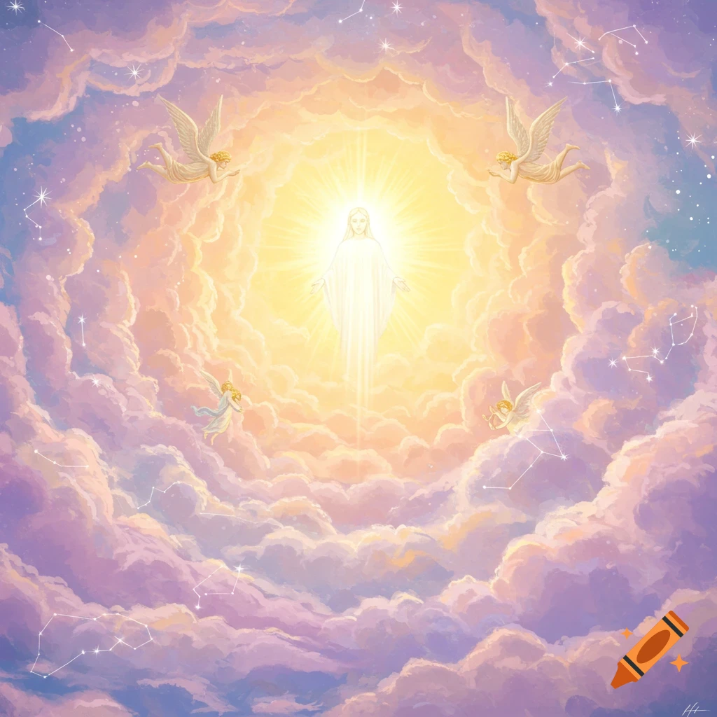 A radiant figure ascends through colorful clouds surrounded by angels and constellations.