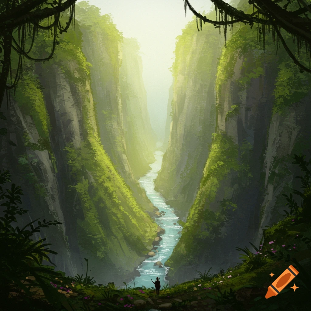 A winding river flows through a deep, sunlit canyon with lush green cliffs.