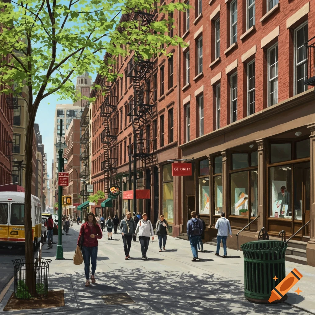 A busy city street scene with people walking along a sidewalk past buildings and trees.