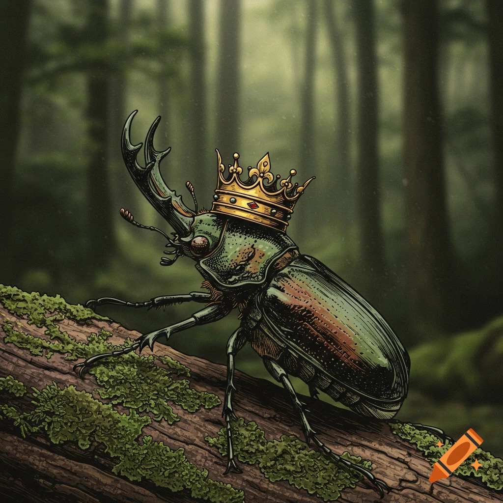 An illustration of a beetle wearing a crown on a log in a forest.