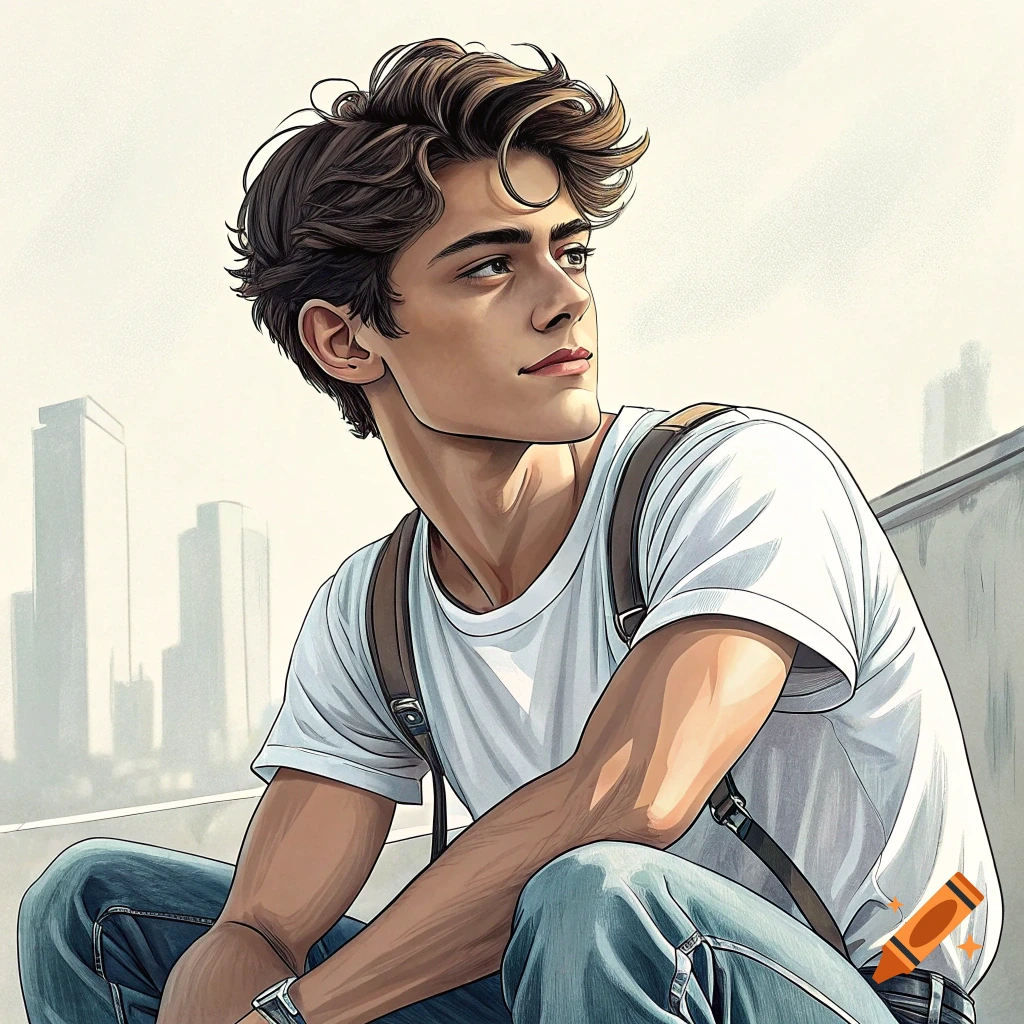 Stylized illustration of a young man with brown hair, wearing a white t-shirt and suspenders, looking up with a city background.