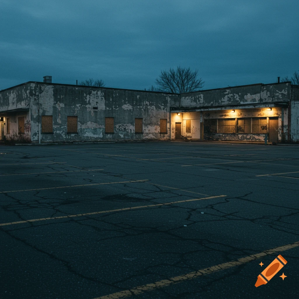 Empty parking lot in front of an abandoned building with boarded windows and graffiti at dusk.