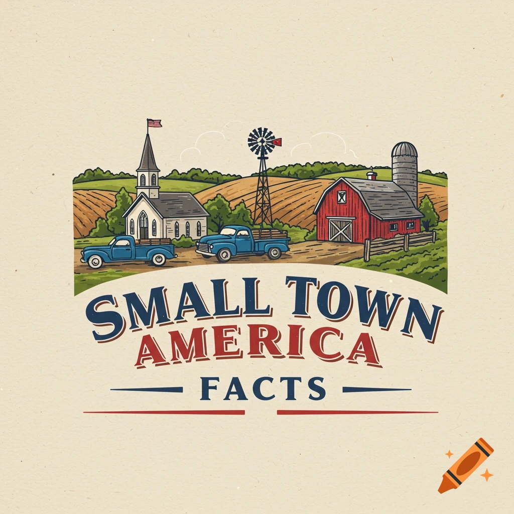 Illustration of a small town scene with a church, barn, trucks, and fields, with the text 'Small Town America Facts' below.