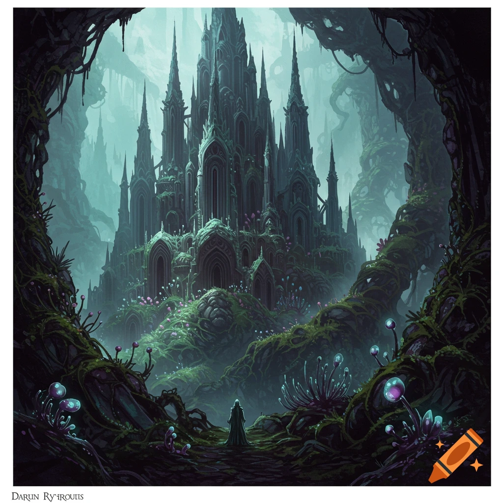 A dark, gothic castle stands in a mystical forest with a figure approaching
