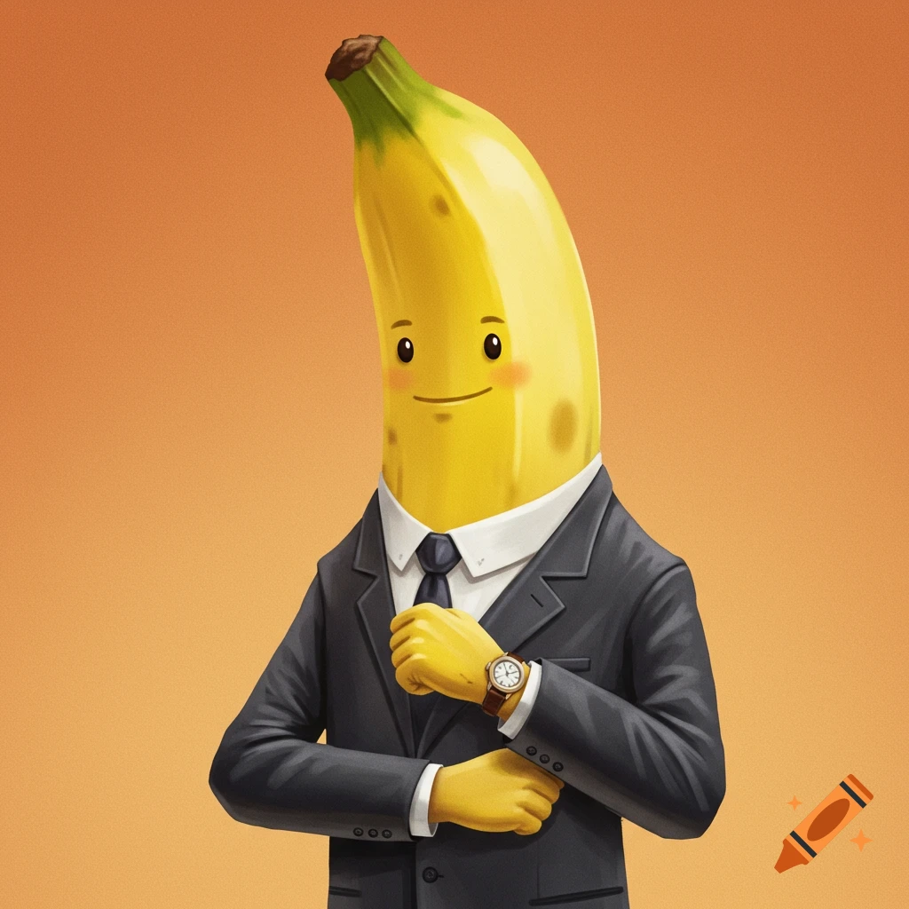 Cartoon banana character wearing a business suit and watch.