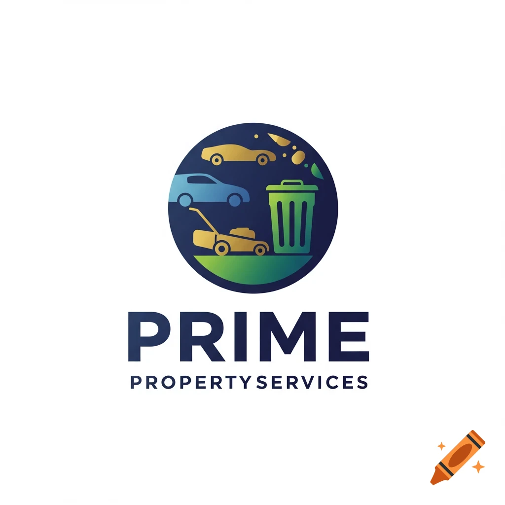 Logo for Prime Property Services with icons for car detailing, lawn care, and trash cleaning in a circle above the text.