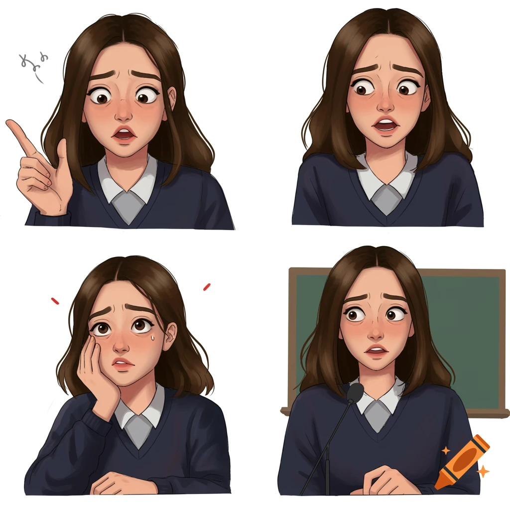Four panel illustration of a student with nervous expressions in a classroom setting.