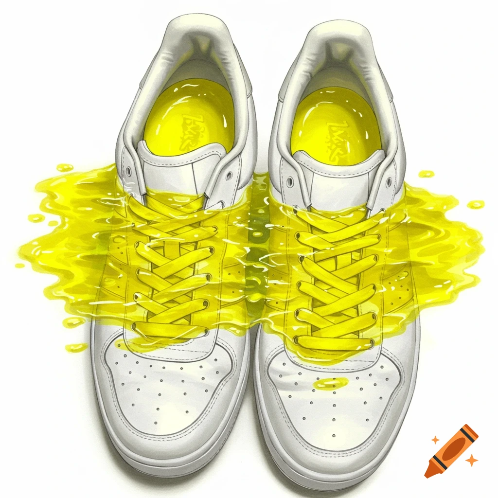 A pair of white sneakers with yellow liquid spilling out