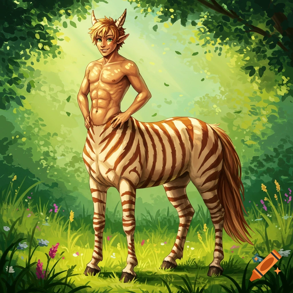 A male striped centaur stands in a sunny forest clearing.