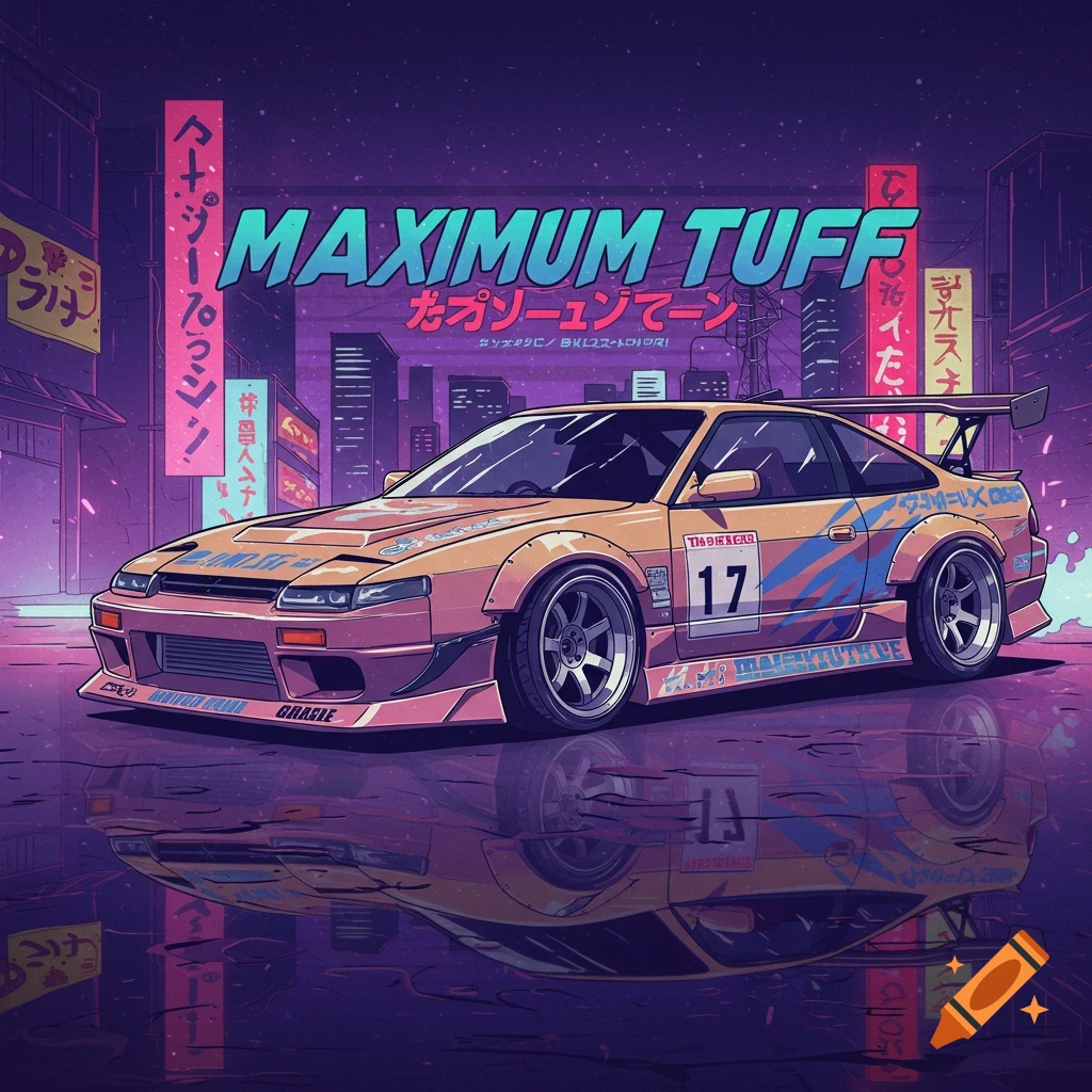Stylized orange drift car with racing stickers in a retro-futuristic city at night with neon signs.