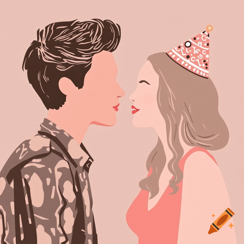 Illustration of a man and woman close together, the woman wearing a party hat.