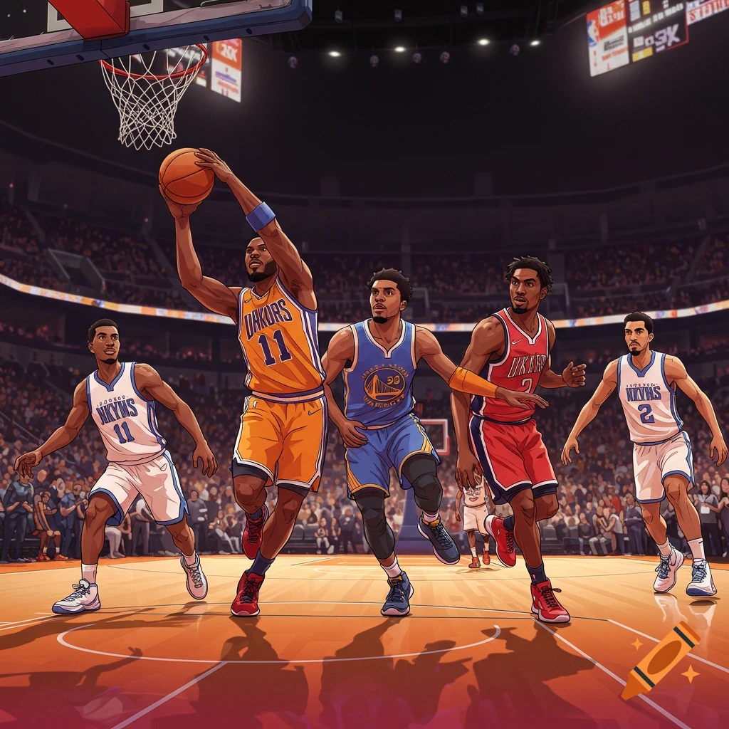 Basketball players competing in a stadium.