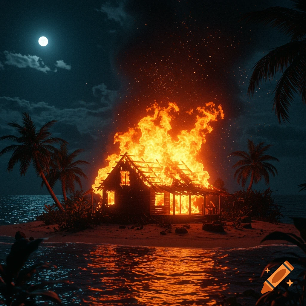 A burning wooden house on a sandy tropical island at night under a full moon.