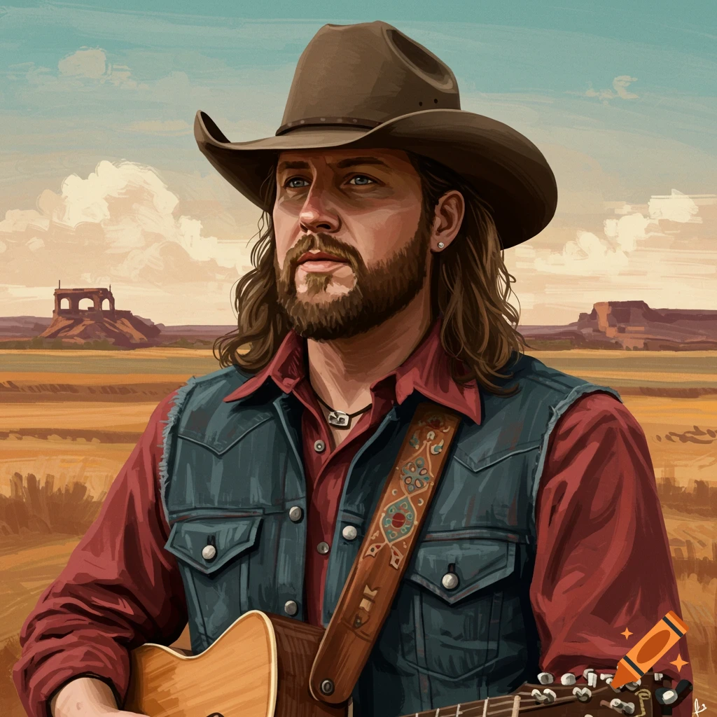 A man in a cowboy hat playing guitar in a western landscape.