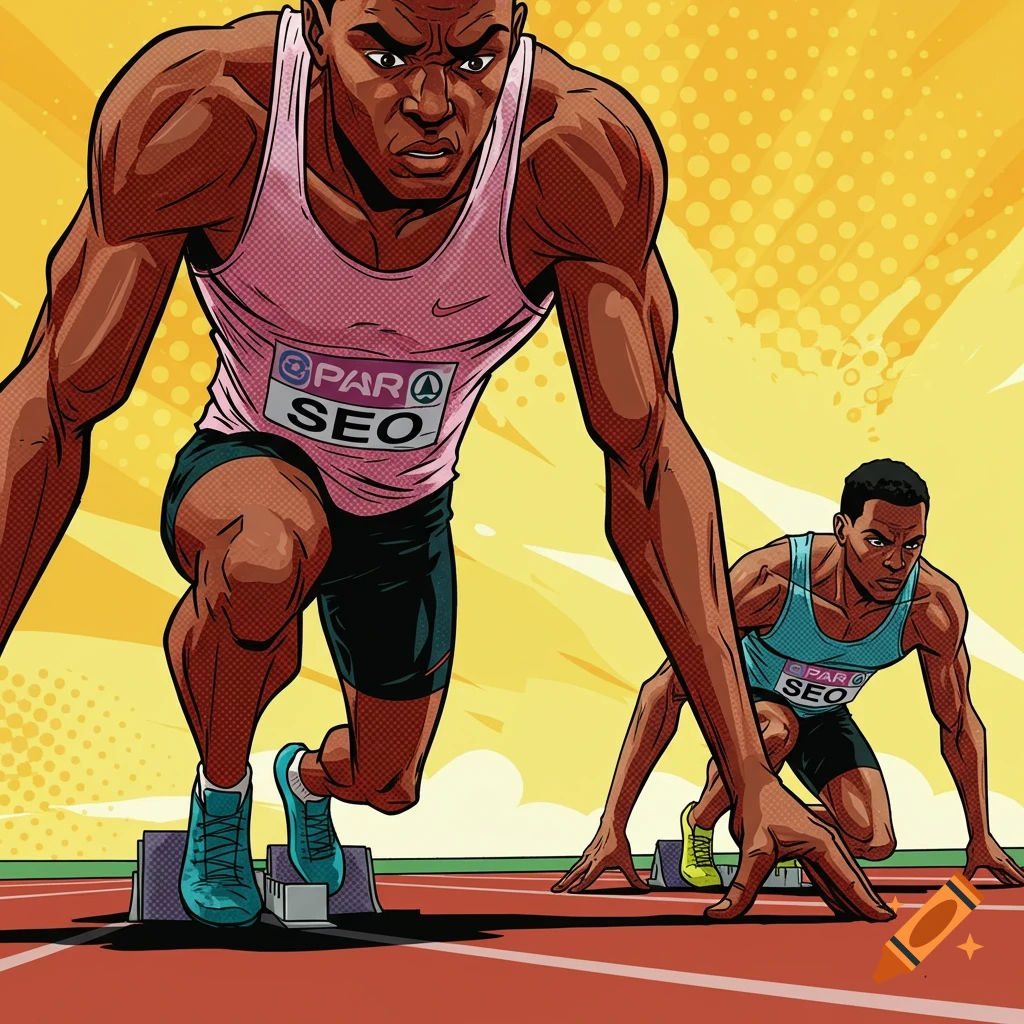 Two male runners in starting blocks on a track in a dynamic Pop Art style.