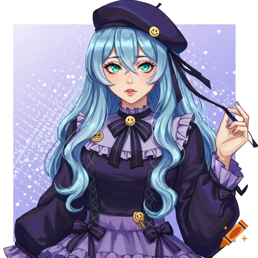 Anime Amblems Anime portrait of a woman with blue hair wearing a dark dress and beret ...