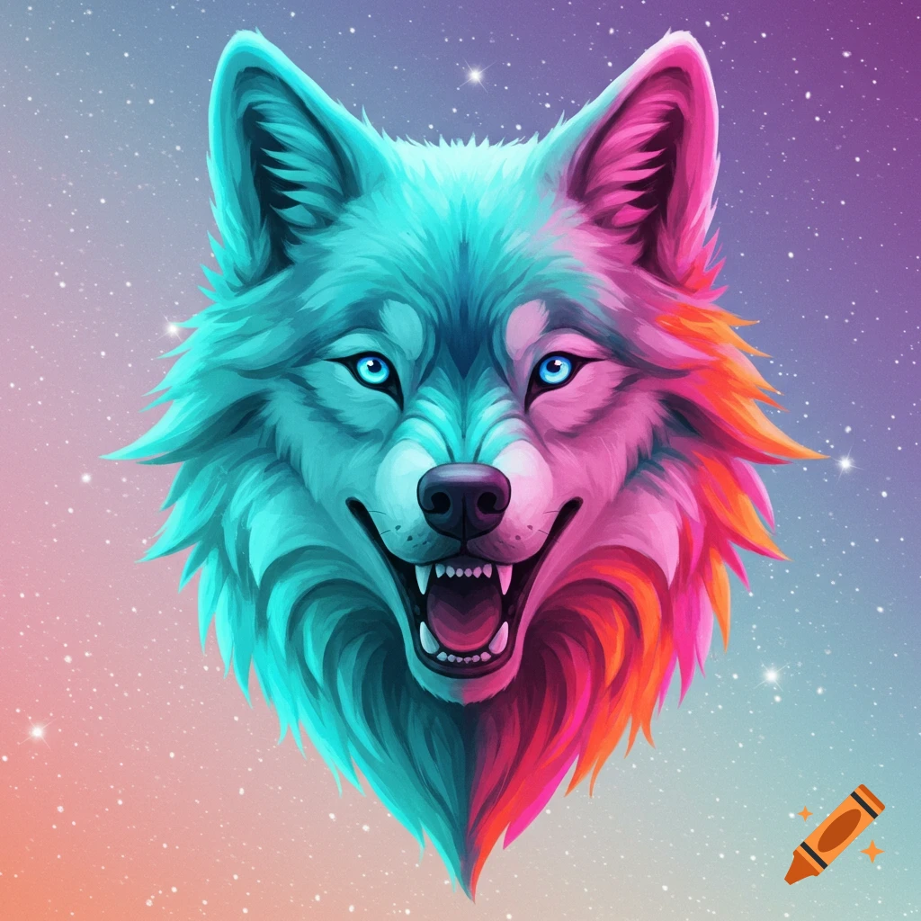 Stylized wolf head with bright teal and pink fur, bright blue eyes, on a starry purple and orange gradient background.