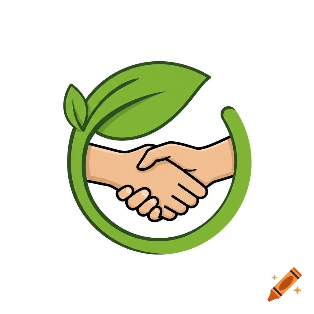 Stylized logo of a handshake encircled by a green leaf