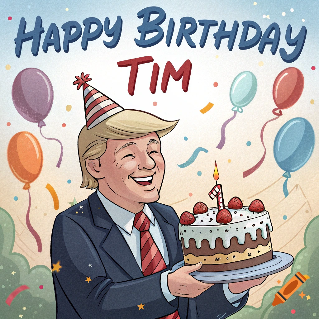 Cartoon Donald Trump holding a cake with balloons and 'HAPPY BIRTHDAY TIM' text.