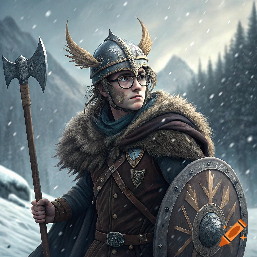 A person resembling Harry Potter dressed as a viking, holding an axe and shield in a snowy landscape.